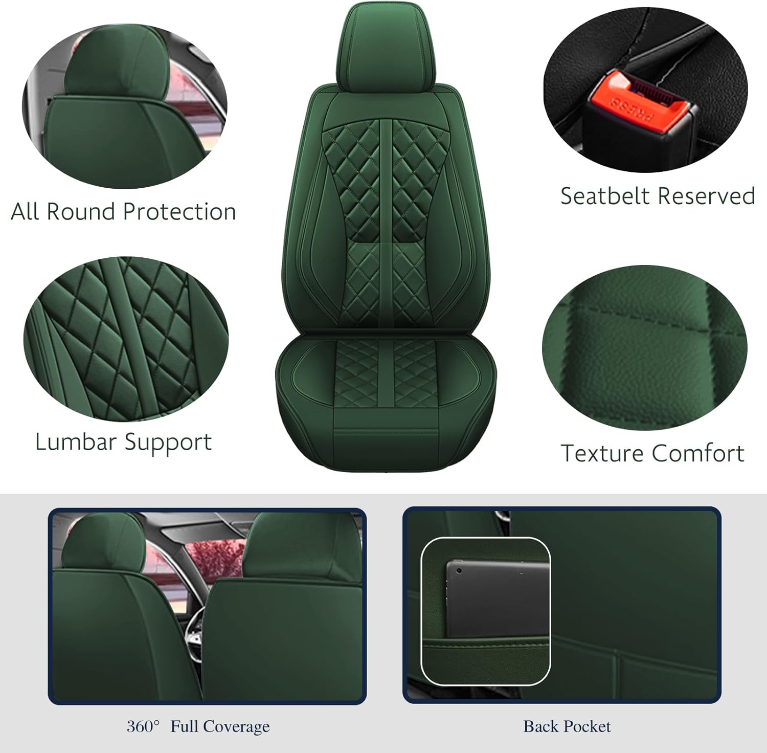 otoez Car Seat Covers Full Set, Universal Leather Seat Cover 5 Seat Waterproof & Breathable Automotive Seat Protector Full Coverage for Cars Sedens, Trucks, SUVs, Vans (Green)